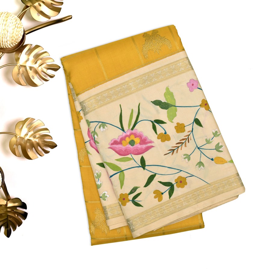 Mustard Hand Painted Kanchi Silk Saree with Iruthalai Patchi Design